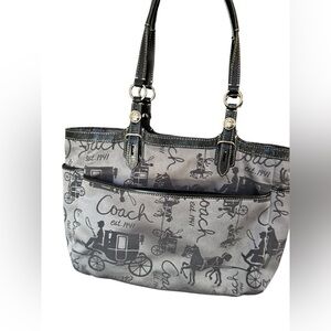 Vintage Coach Gray and Black Signature Horse and Stagecoach Tote Purse Bag